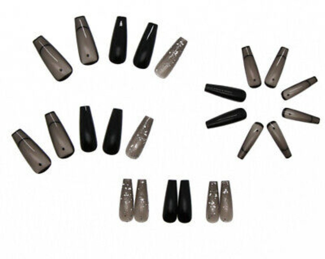 24 Clear Jelly black Glitter Long Press on Nails kit glue on dark bling monochrome gray goth