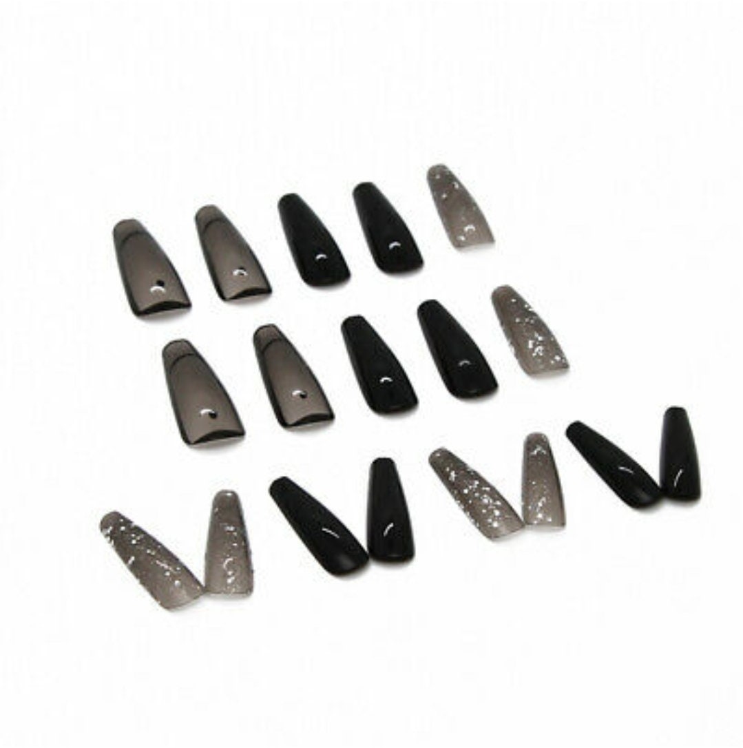 24 Clear Jelly black Glitter Impress Press on Nails kit glue on long dark bling monochrome gray goth