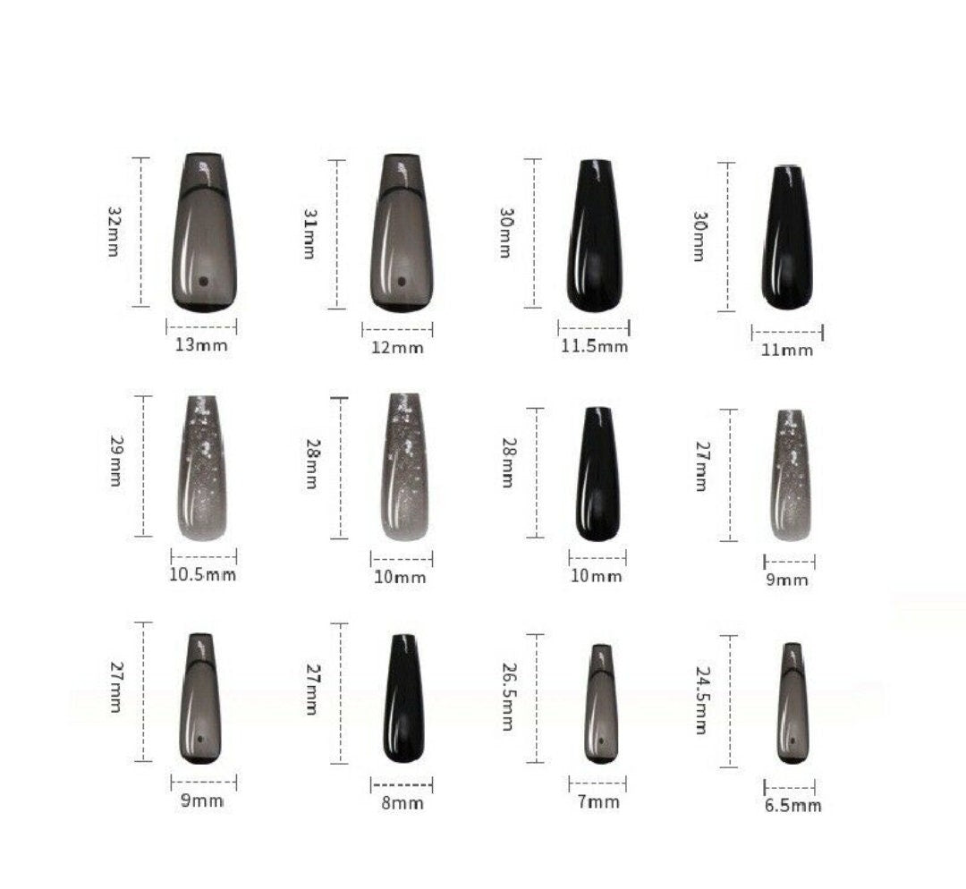 24 Clear Jelly black Glitter Impress Press on Nails kit glue on long dark bling monochrome gray goth