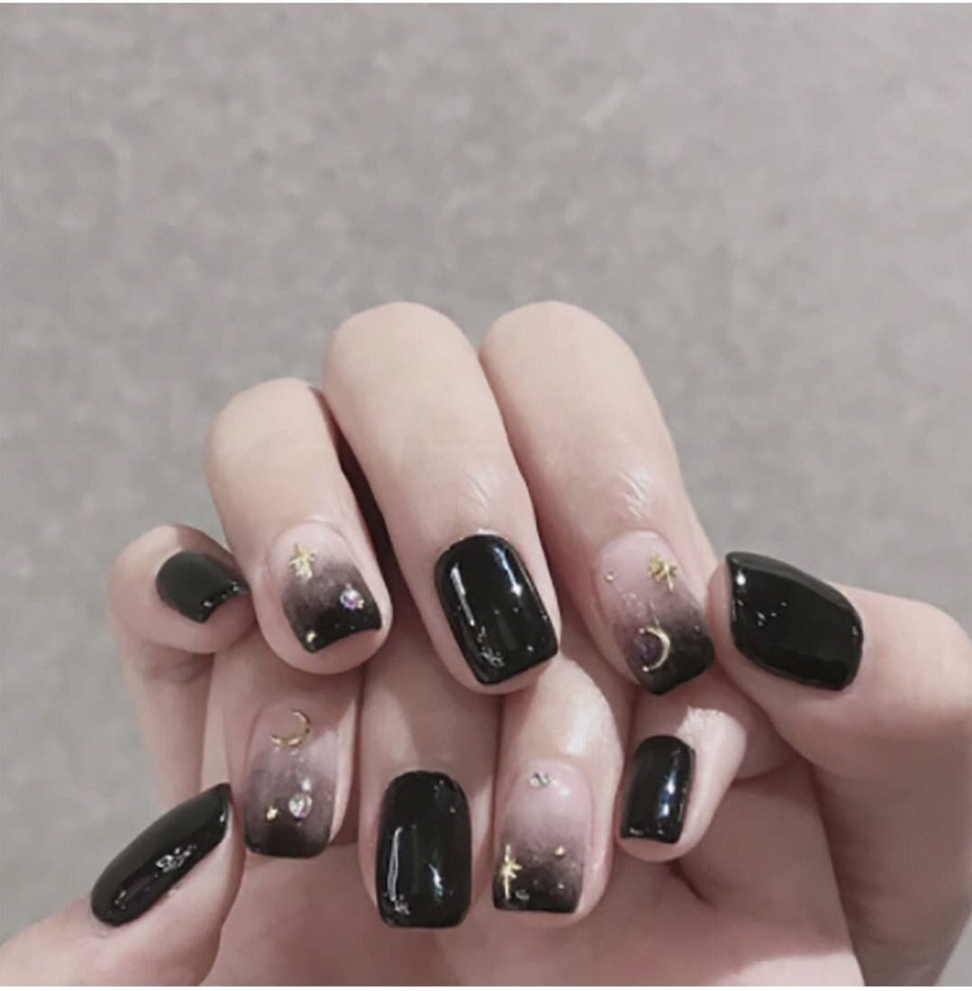 24 Goth Black Short Press on nails Square crescent moon Glue on witchy emo alt edgy stars celestial