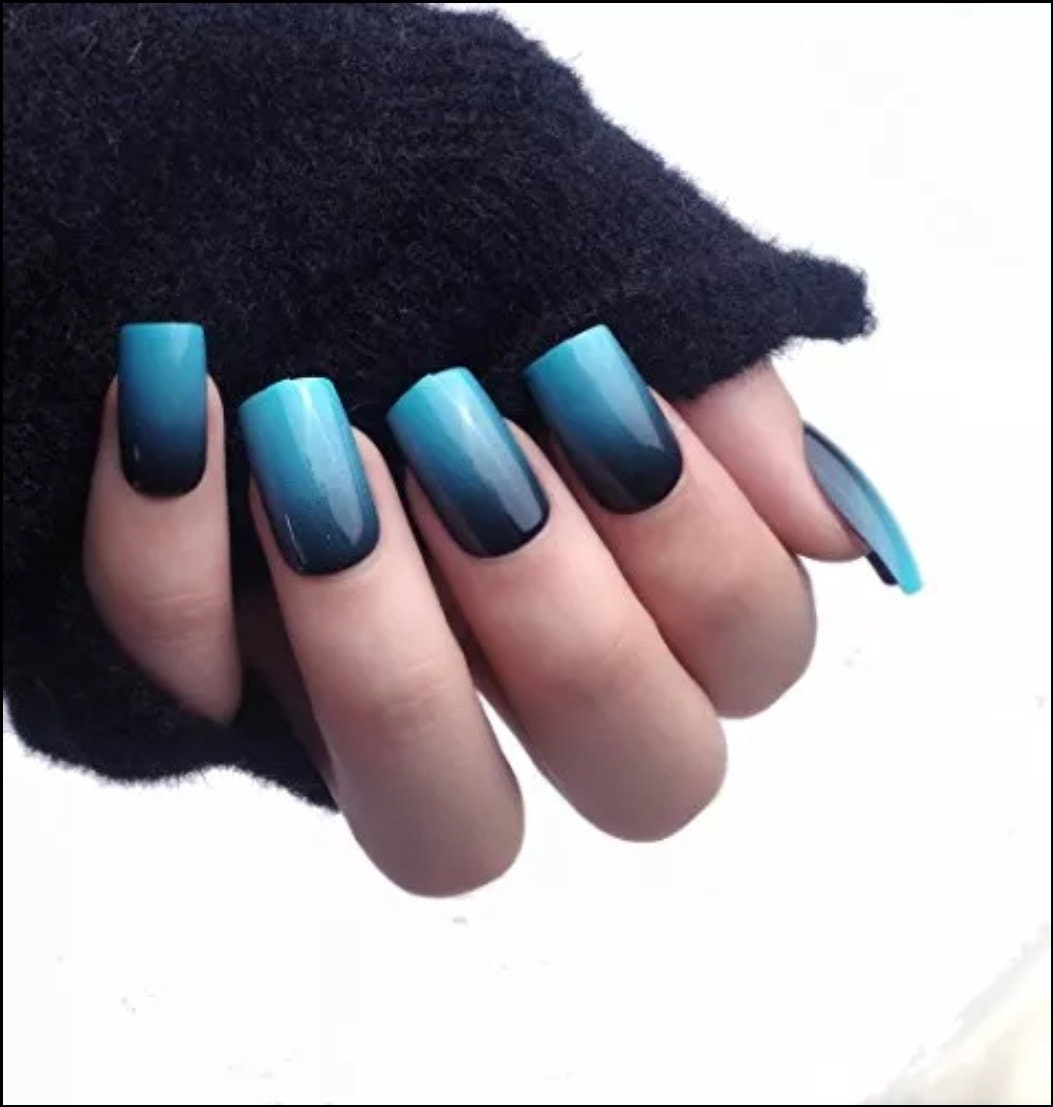 Blue Black Ombre Press On Nails nude Medium Short French tip glue on natural nude square dark
