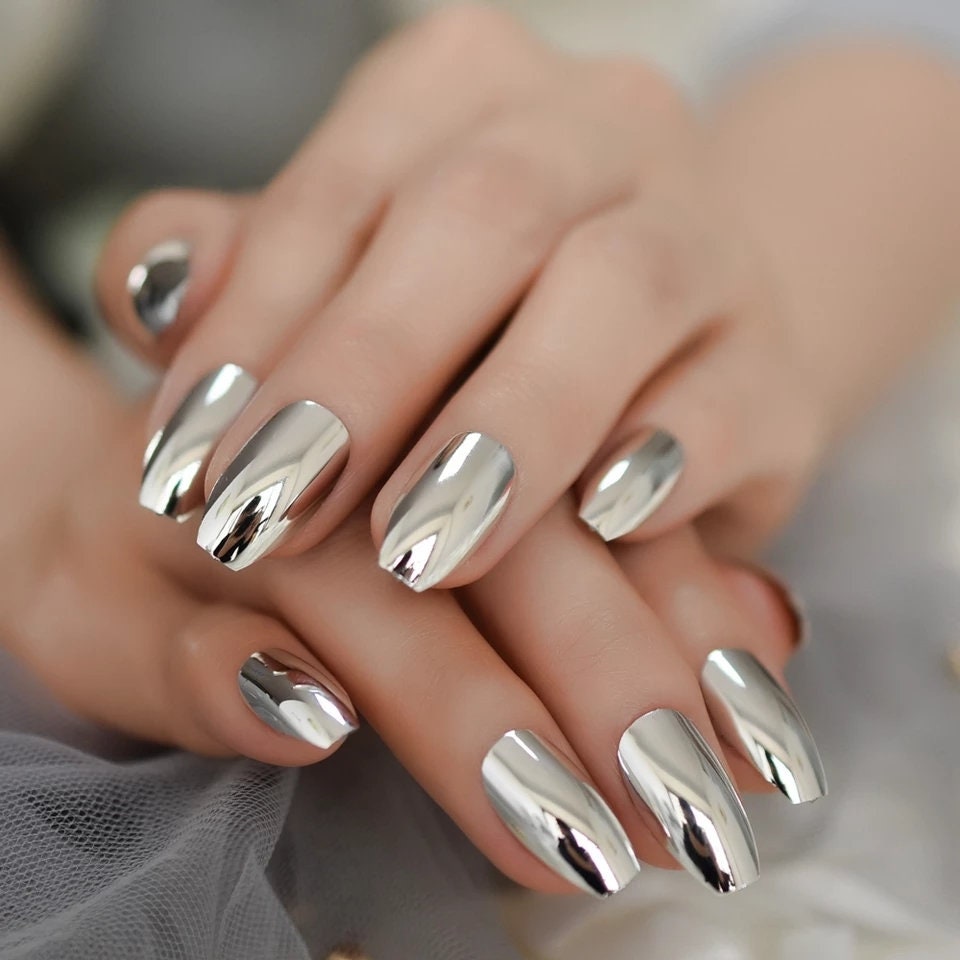 24 Silver Chrome Short Press On Nails Medium Coffin Glue on Mirror shiny metallic