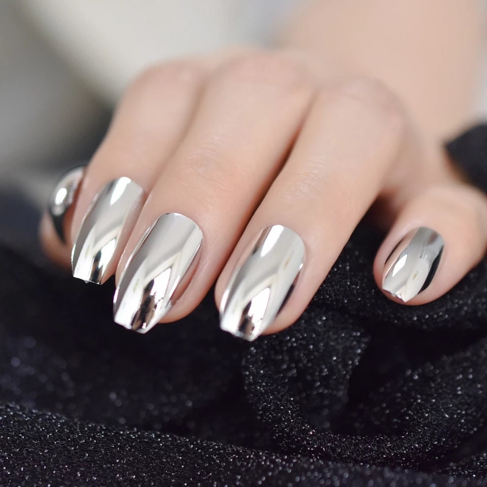 24 Silver Chrome Short Press On Nails Medium Coffin Glue on Mirror shiny metallic