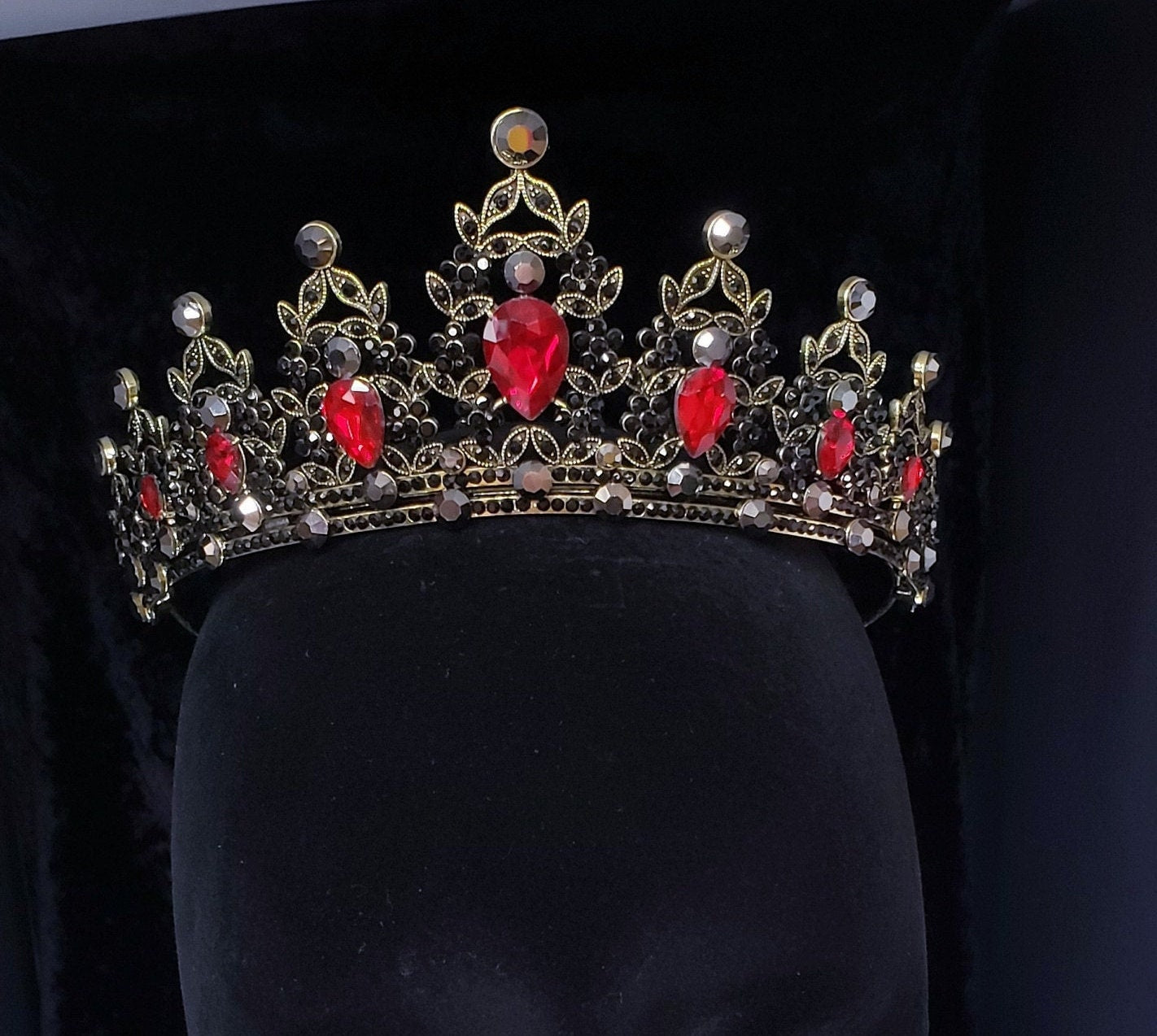 Ruby Red Vintage Baroque Tiara Dark Black Crown Goth Evil Queen diadem headress jewelry bridal Halloween cosplay Wedding pageant royalty