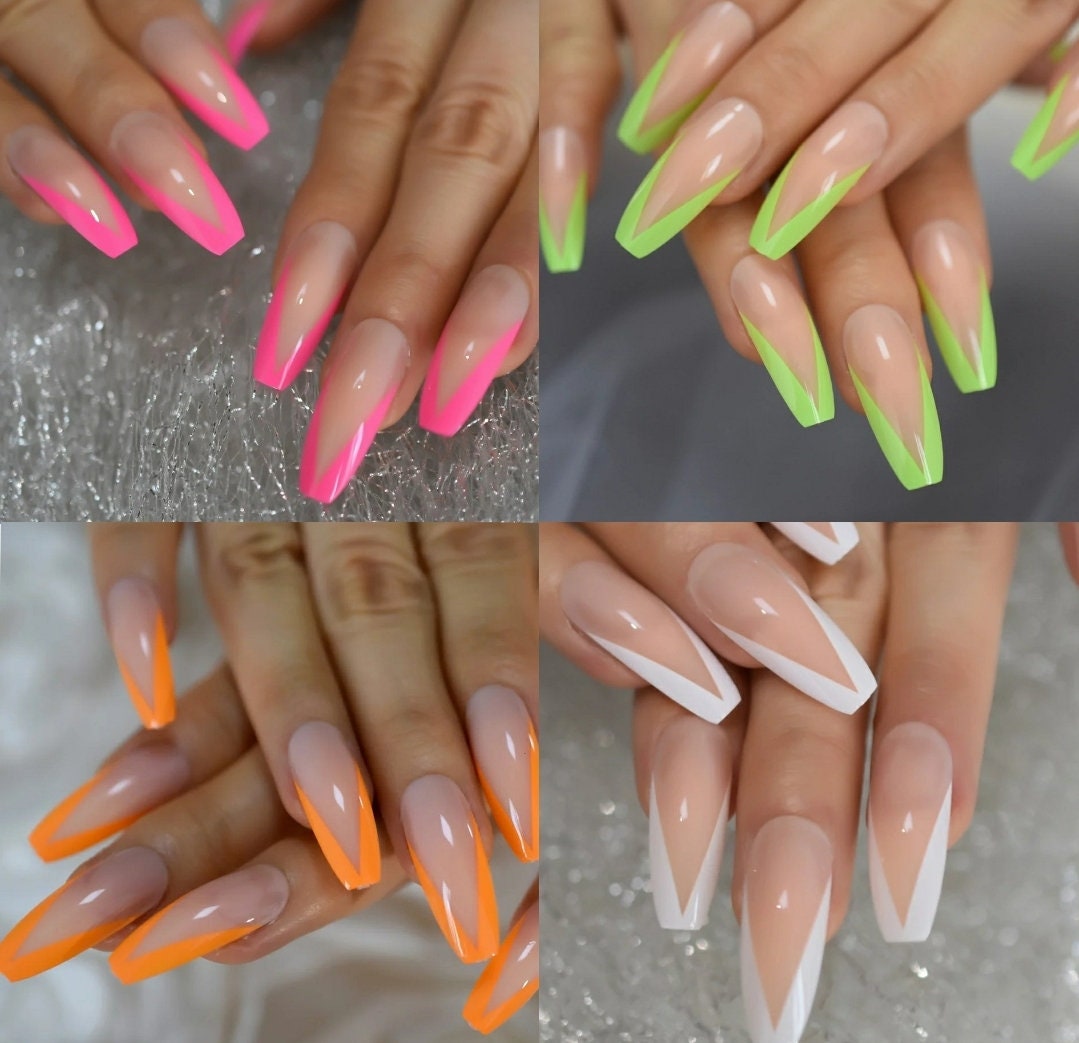 24 V Tip French Green Rim Long Press On nails Glue on trendy classic nude neon summer rave border pink orange white boomer 90s