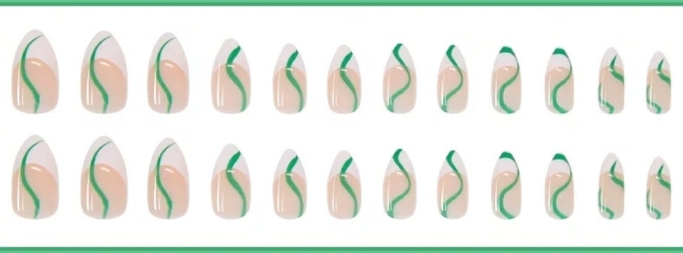 24 French Mani Swirl design Almond Press on nails white tip green glue on medium almond manicure nude lava