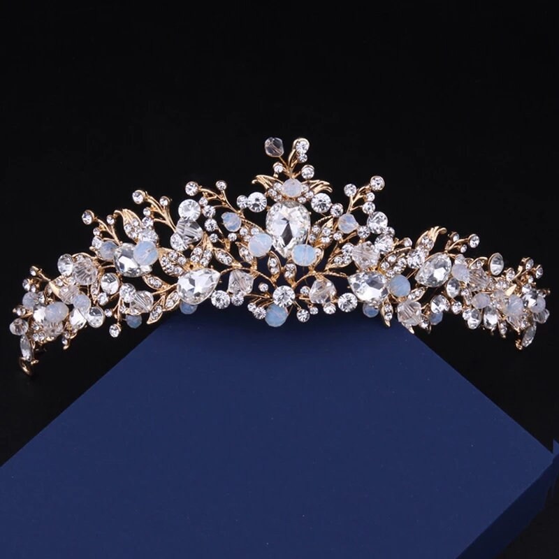 Light blue gold Crown Tiara Princess Queen black rose headress bridal cosplay diadem diamond