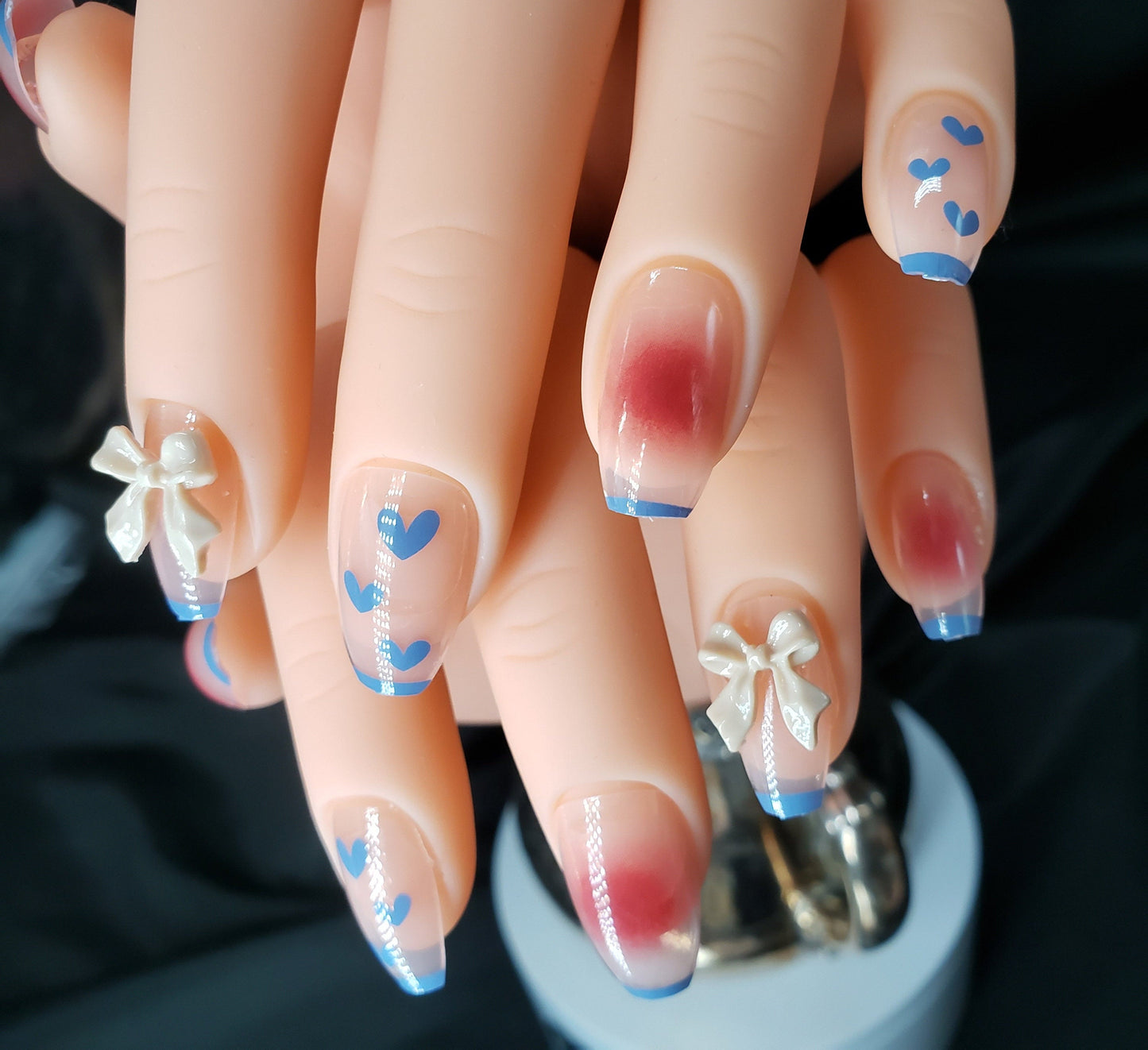 24 Press On Nails Hearts Bows medium Coffin glue on blue tip cute kawaii rosy clear jelly