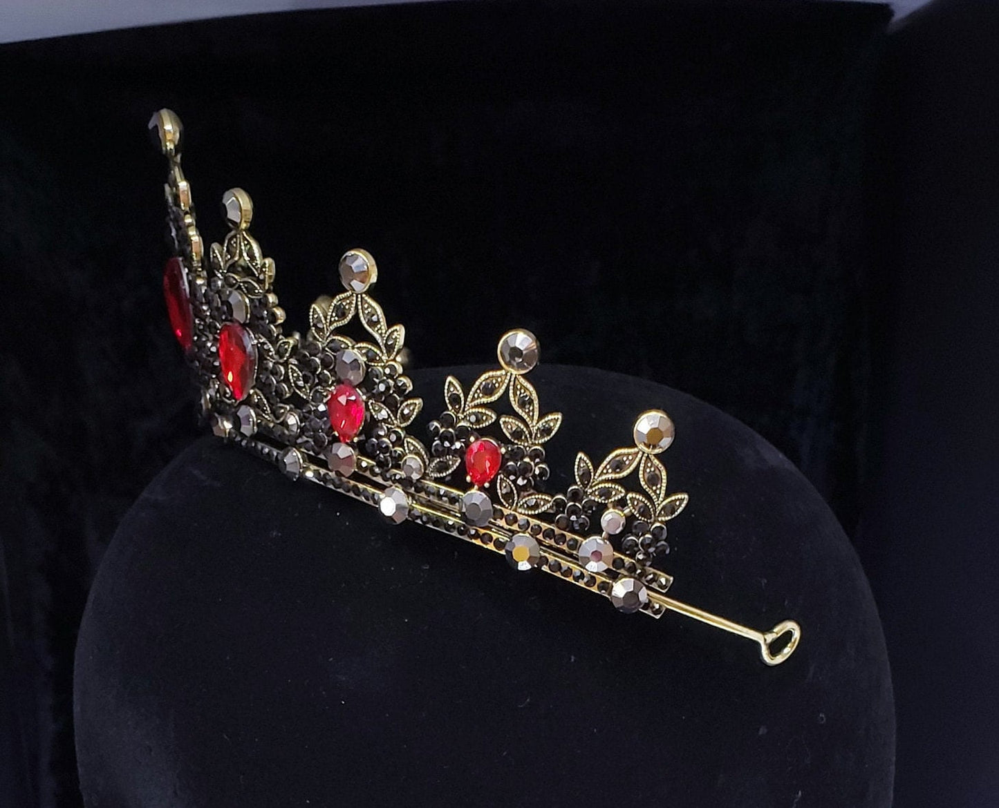 Ruby Red Vintage Baroque Tiara Dark Black Crown Goth Evil Queen diadem headress jewelry bridal Halloween cosplay Wedding pageant royalty