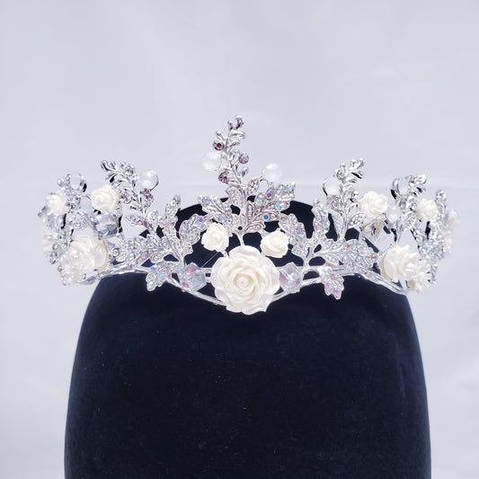 Floral white silver Tiara Crown Detailed Princess Queen headress jewelry bridal Halloween cosplay diadem crystal real metal