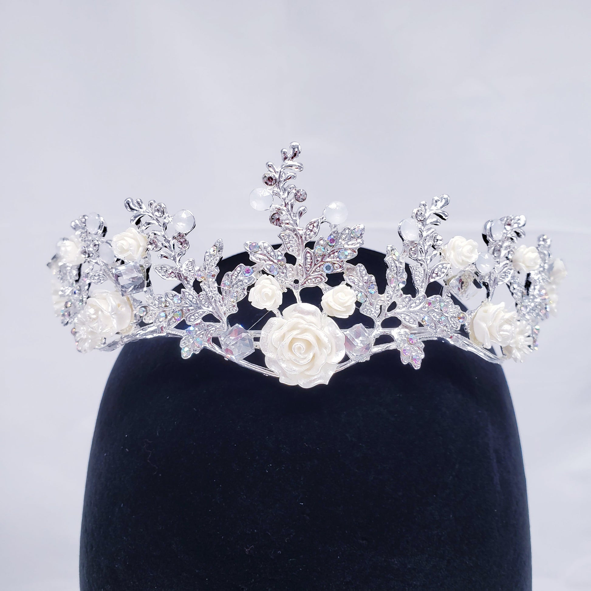 Floral white silver Tiara Crown Detailed Princess Queen cosplay diadem crystal real metal