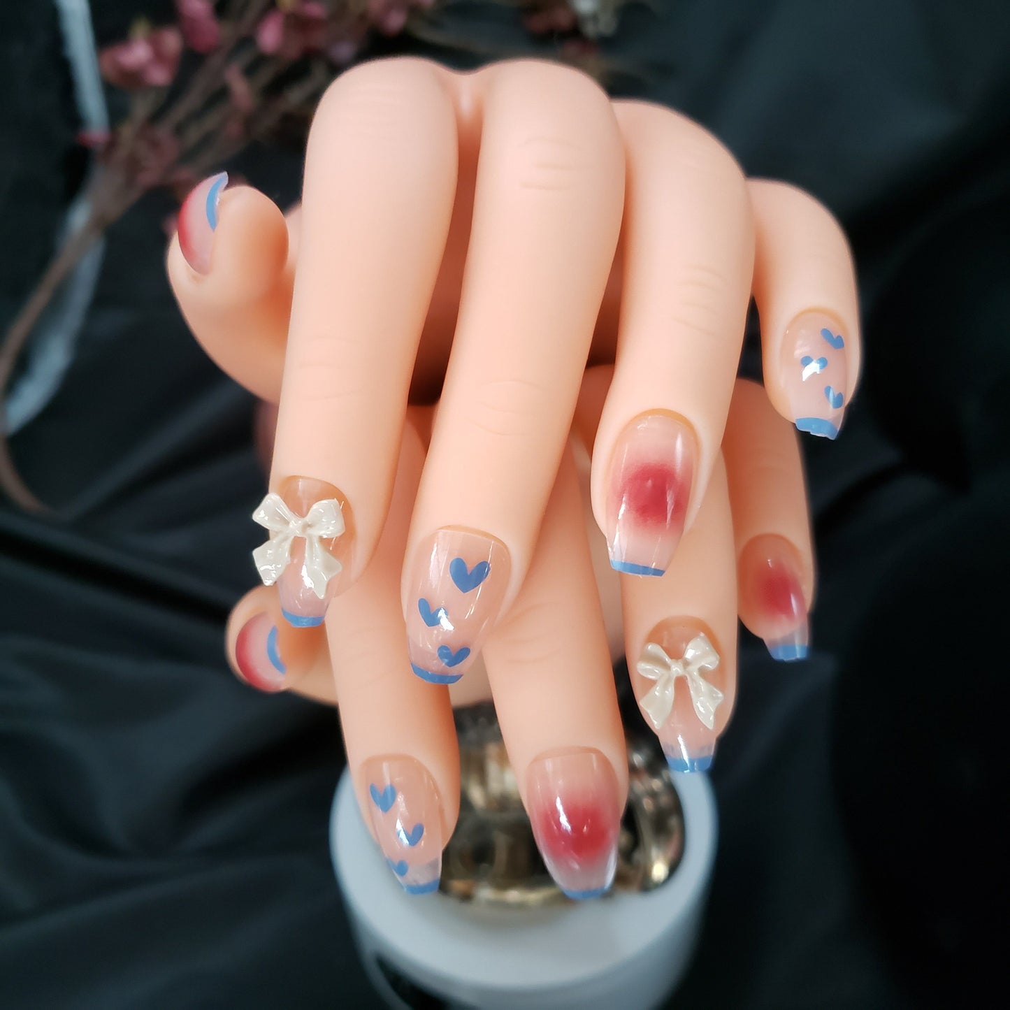 24 Long Press On Nails Hearts Bows medium Coffin glue on blue tip cute kawaii rosy clear jelly