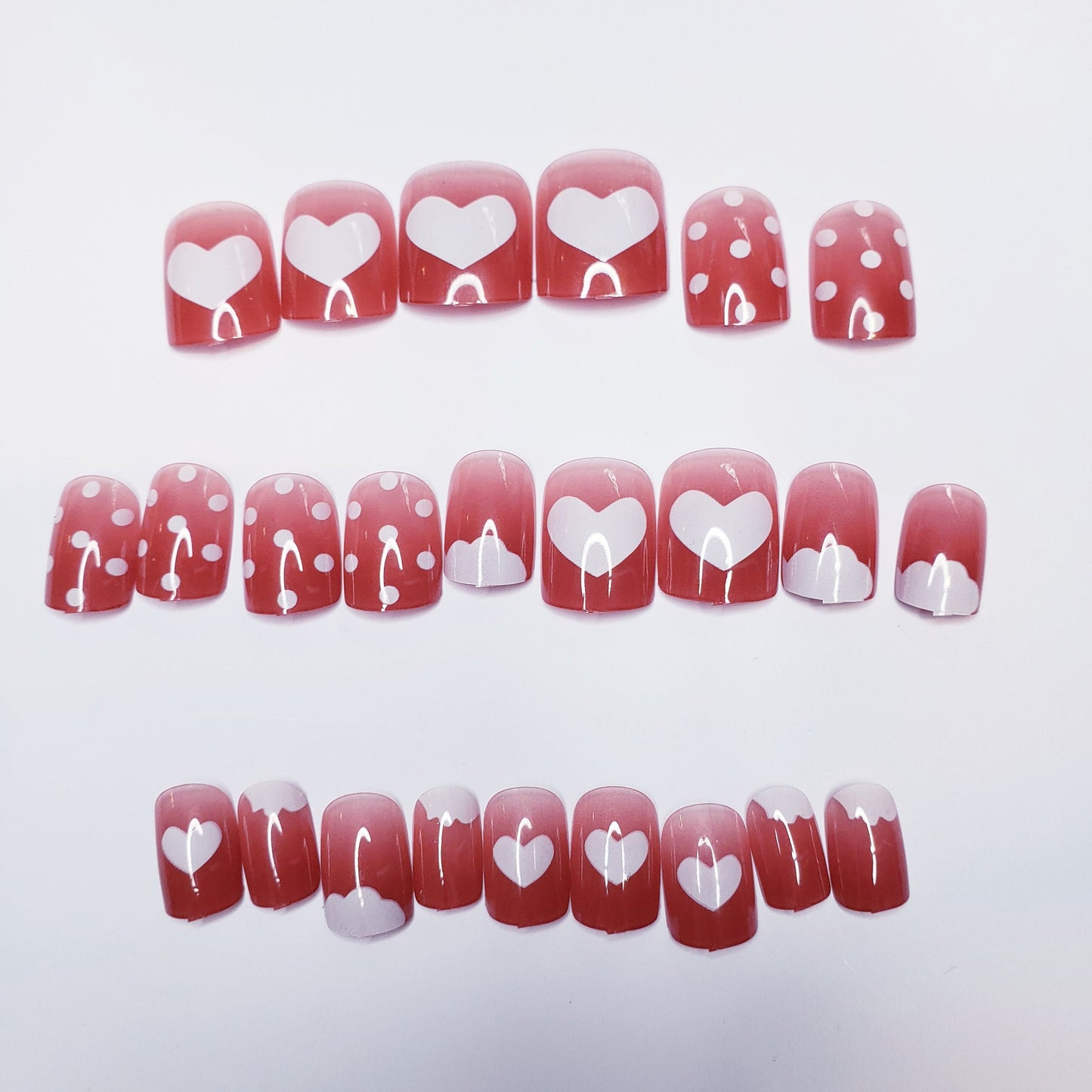 24 Short Press On Nails Hearts polka dots red glue on cute kawaii rosy clouds white jelly