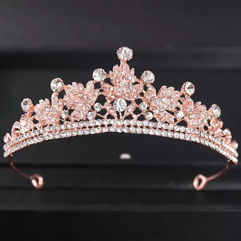 Rose Gold small Princess Tiara Detailed Crystal pink Princess Queen headdress jewelry 