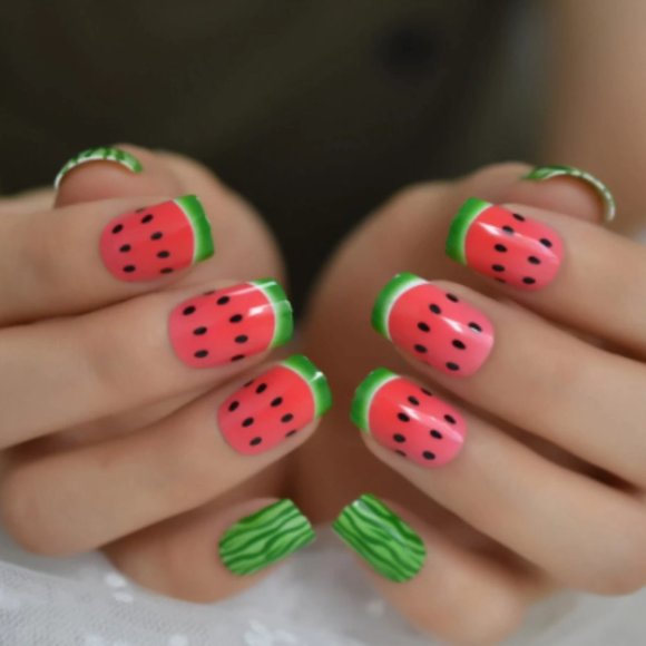 24 watermelon short press on nails cute kawaii fruit kit set with glue rind juicy spring summer