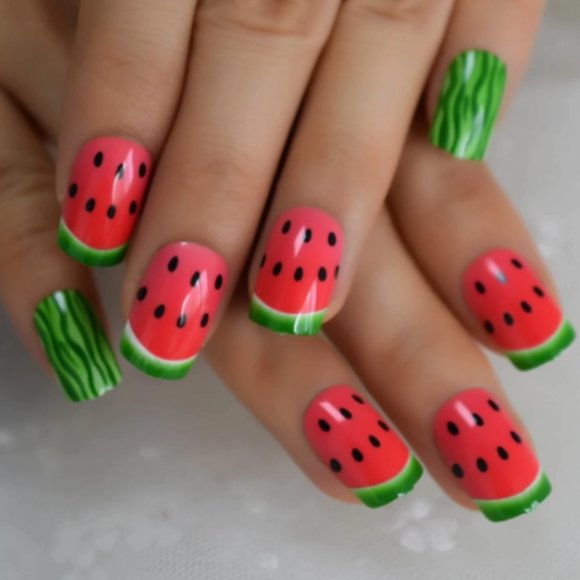 24 watermelon short press on nails cute kawaii fruit kit set with glue rind juicy spring summer