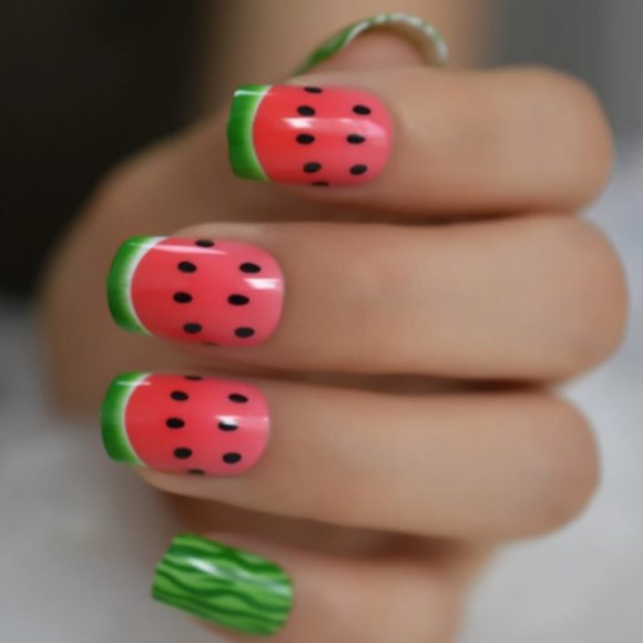 24 short watermelon press on nails cute kawaii fruit kit set with glue rind juicy spring summer